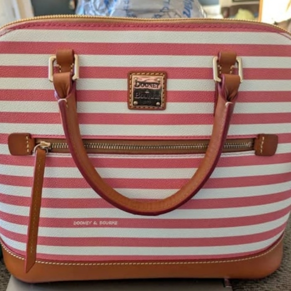 Dooney & Bourke Dome-shape Red and White Striped Satchel - Picture 2 of 5